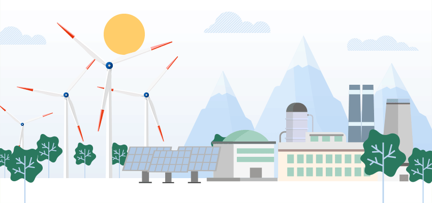 animation of wind turbines, solar panels, and green factories