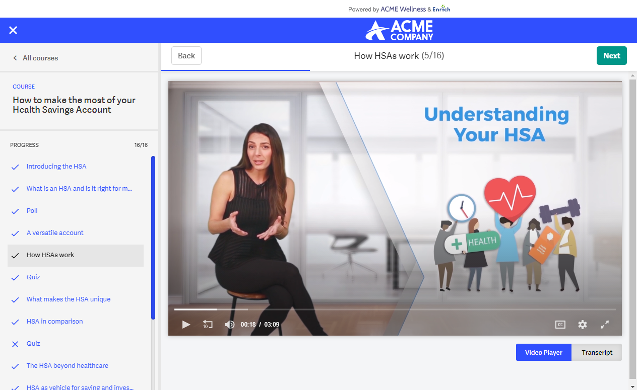 Interactive HSA financial wellness course on Enrich platform